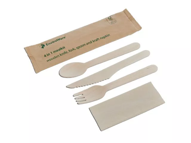 Wooden Cutlery Sets - 4 In 1 Pack - Knife / Fork / Spoon / Napkin x 100